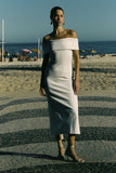 VESTIDO MIDI OMBRO A OMBRO COM AMARRAÇÃO NAS COSTAS COLEÇÃO VERÃO 25