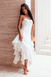 VESTIDO MIDI ALCA FINA BARRA ASSIMETRICA COM VOLUME COLEÇÃO INVERNO 26