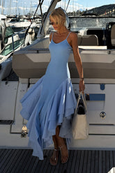 VESTIDO MIDI ALCA FINA BARRA ASSIMETRICA COM VOLUME COLEÇÃO VERÃO 27