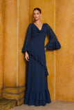 VESTIDO LONGO BABADOS DECOTE DEGAGE COLEÇÃO INVERNO 26