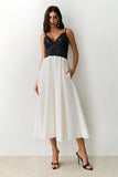 VESTIDO MIDI EM RENDA ALÇA FINA E SAIA ESTRUTURADA COLEÇÃO VERÃO 27
