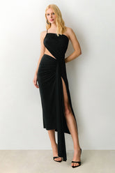 VESTIDO MIDI DECOTE DIAGONAL COM FRANZIDOS LATERAIS COLEÇÃO VERÃO 27