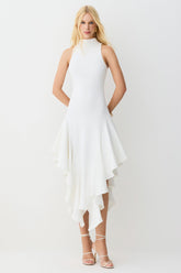 VESTIDO MIDI GOLA ALTA BABADOS ASSIMETRICOS BARRA COLEÇÃO INVERNO 26