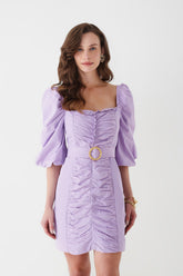 VESTIDO CURTO DRAPEADO MANGA BUFANTE COLEÇÃO INVERNO 21