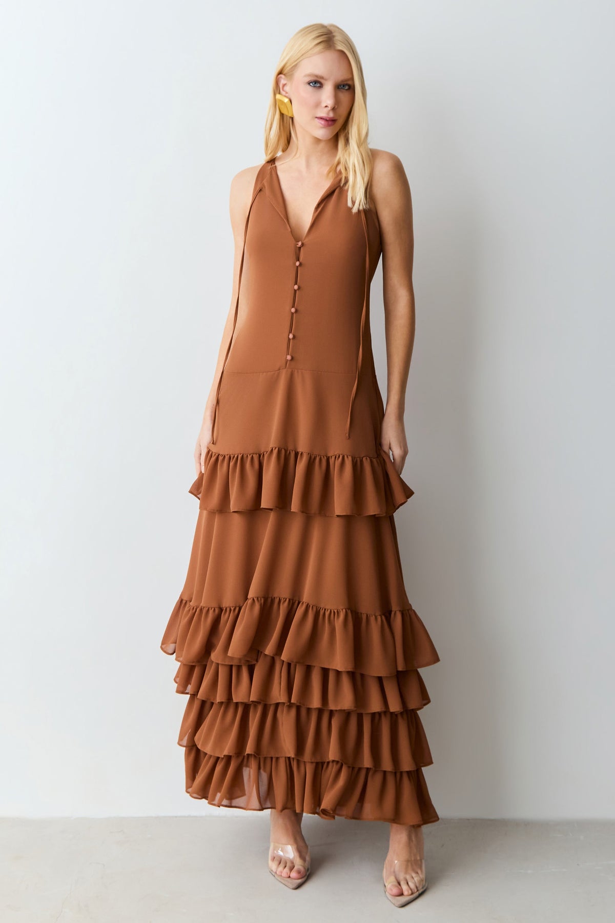 VESTIDO MIDI BABADOS BARRA COM AMARRACAO FRONTAL COLEÇÃO VERÃO 27