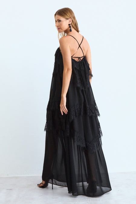 VESTIDO MIDI BABADOS COM DETALHE RENDA BARRA COLEÇÃO INVERNO 26