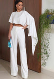 CONJUNTO DE CROPPED MANGA CURTA ASSIMETRICA E CALÇA RETA COS TRANSPASSADO COLEÇÃO VERÃO 24