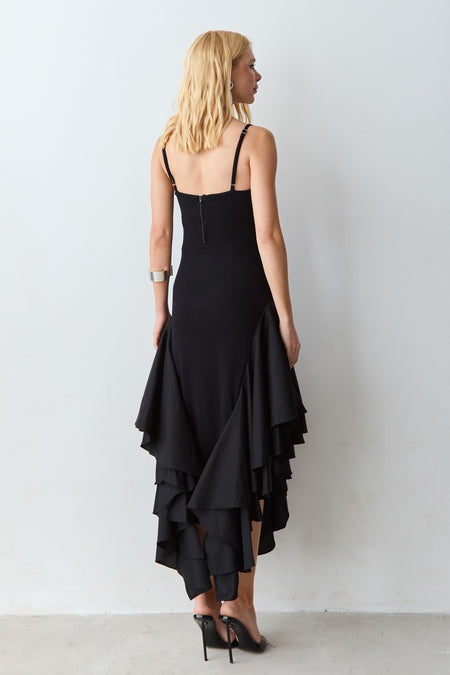 VESTIDO MIDI ALCA FINA BARRA ASSIMETRICA COM VOLUME COLEÇÃO VERÃO 27