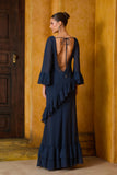 VESTIDO LONGO BABADOS DECOTE DEGAGE COLEÇÃO INVERNO 26