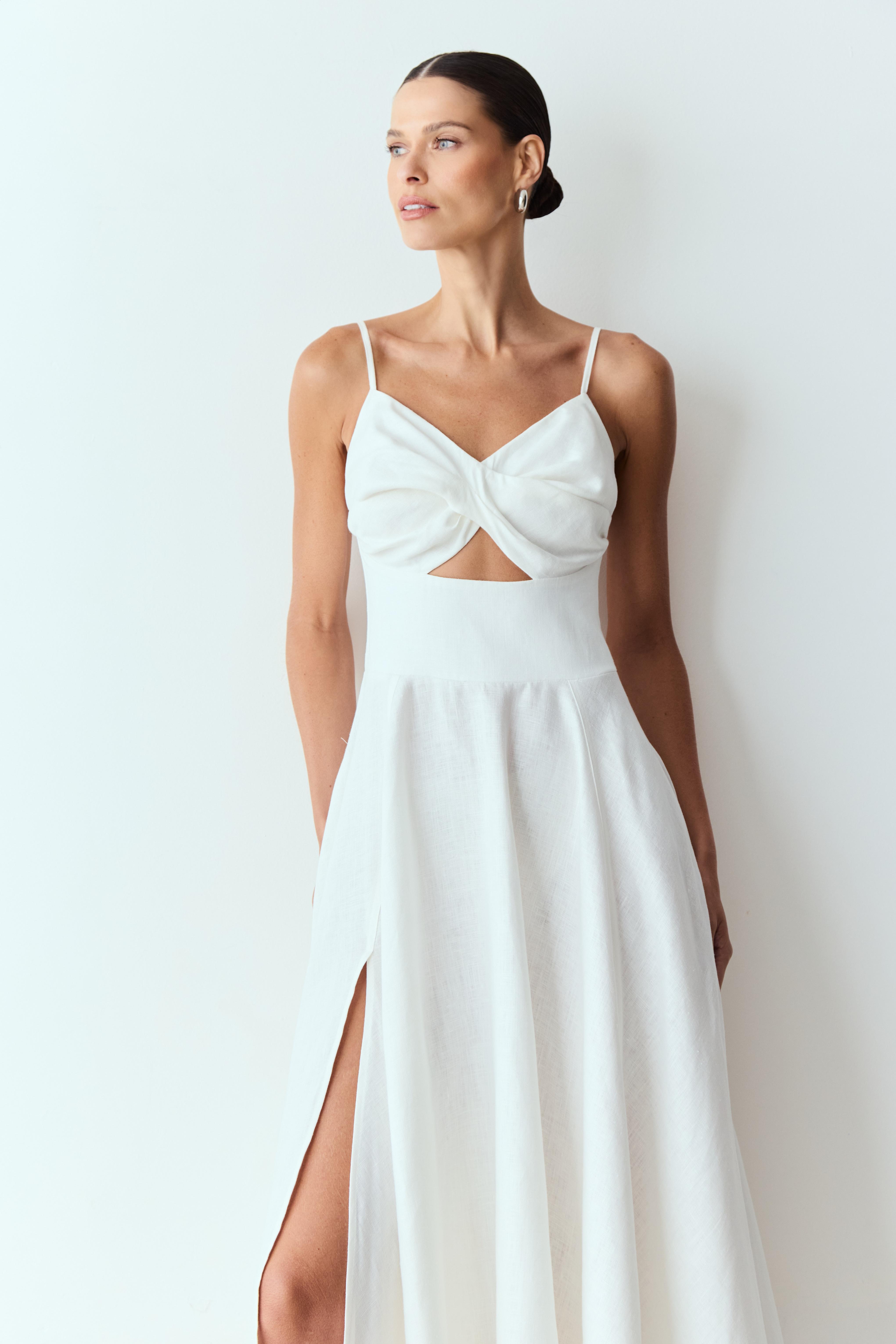 VESTIDO MIDI TORÇÃO BUSTO E RECORTE FRONTAL CINTURA COLEÇÃO VERÃO 26