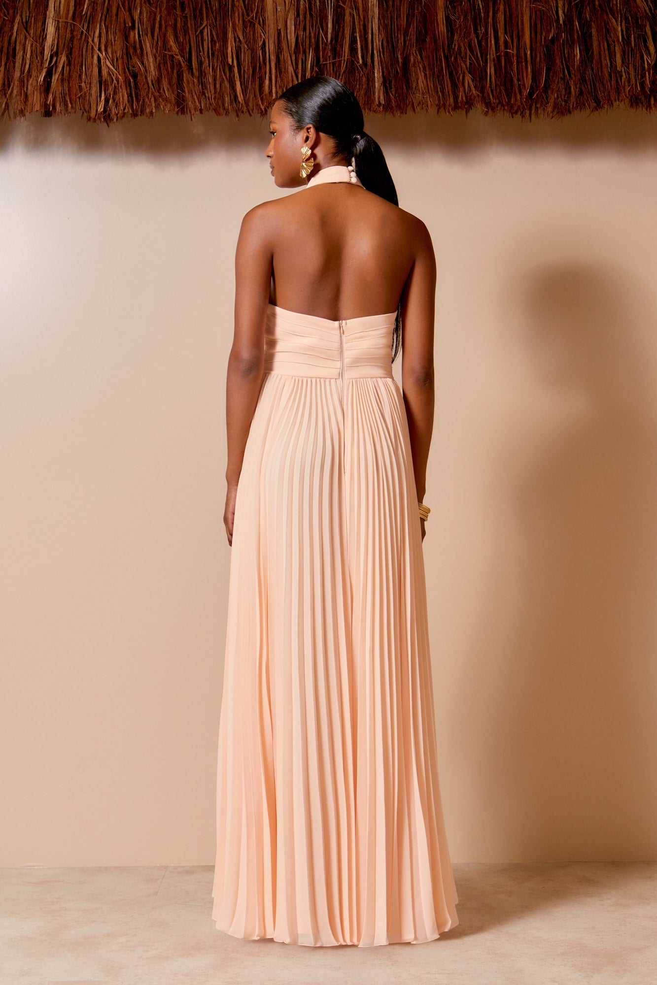 VESTIDO LONGO DECOTE SAIA PLISSADA COLEÇÃO ALTO VERÃO 25