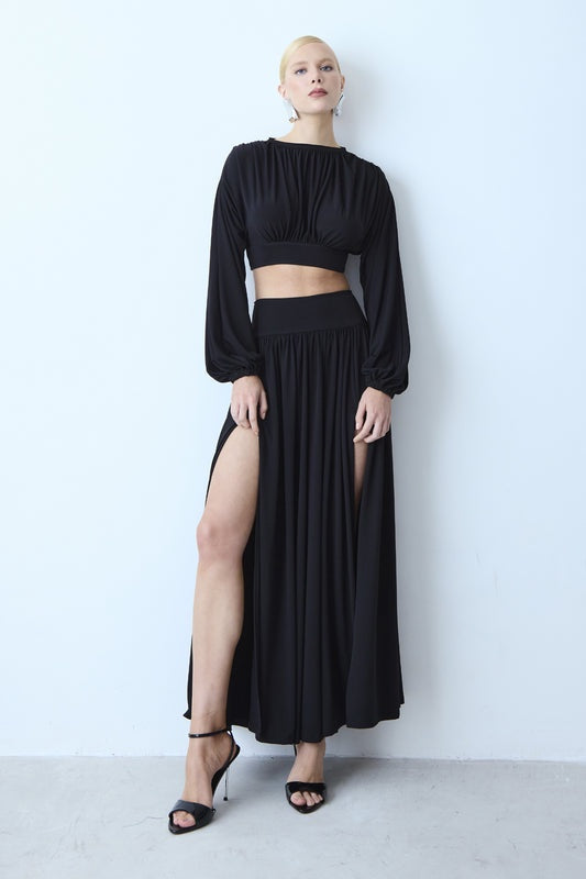 CONJUNTO DE SAIA MIDI FLUIDA COS LARGO E BLUSA MANGA LONGA FLUIDA COLEÇÃO INVERNO 26