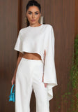 CONJUNTO DE CROPPED MANGA CURTA ASSIMETRICA E CALÇA RETA COS TRANSPASSADO COLEÇÃO VERÃO 24