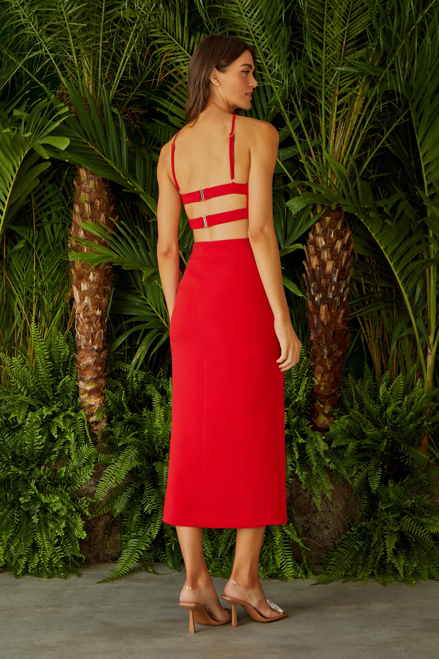 CONJUNTO DE SAIA MIDI FENDA E BLUSA FRENTE UNICA TIRAS COLEÇÃO VERÃO 24