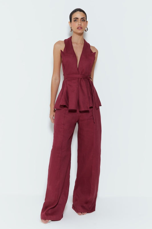 CONJUNTO DE CALÇA RETA COM FRISO EM LINHO E COLETE FRENTE UNICA COM FAIXA  EM LINHO COLEÇÃO INVERNO 25