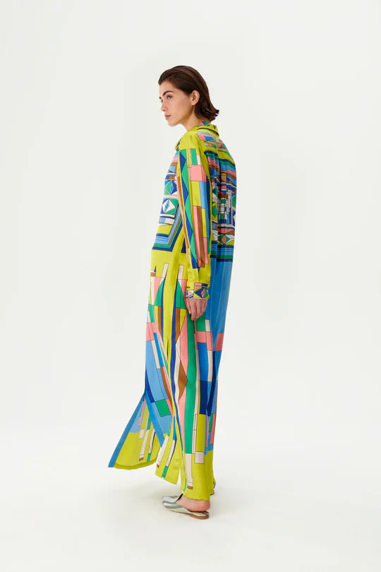 VESTIDO LONGO DE SEDA COM ESTAMPA GEOMETRICA ZEUGMA COLEÇÃO VERÃO 26
