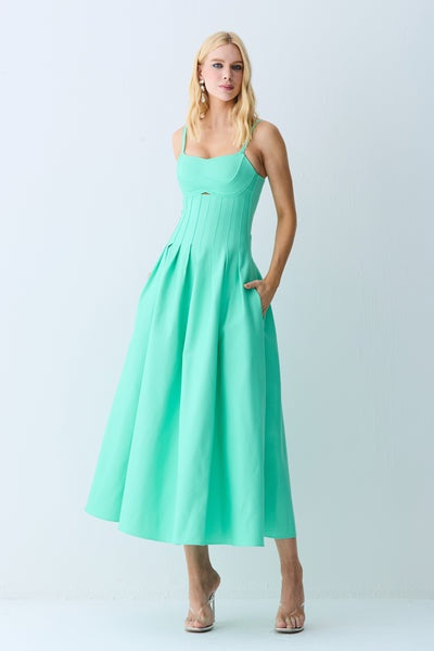 VESTIDO LONGO ACINTURADO PREGAS SAIA RECORTE COLEÇÃO VERÃO 27