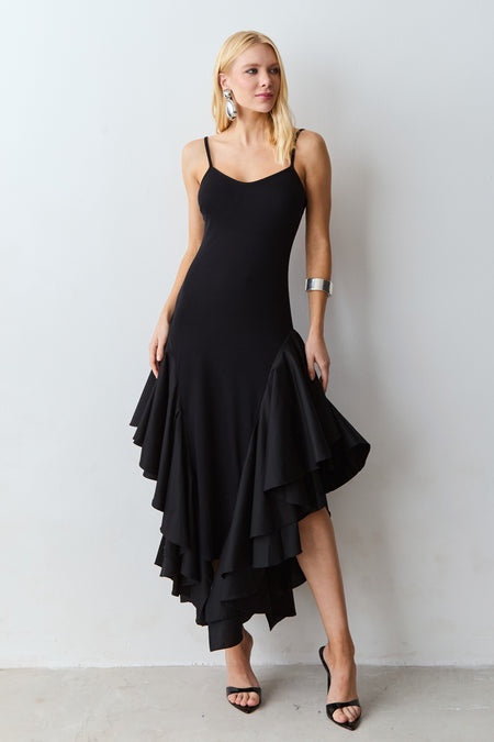 VESTIDO MIDI ALCA FINA BARRA ASSIMETRICA COM VOLUME COLEÇÃO VERÃO 27