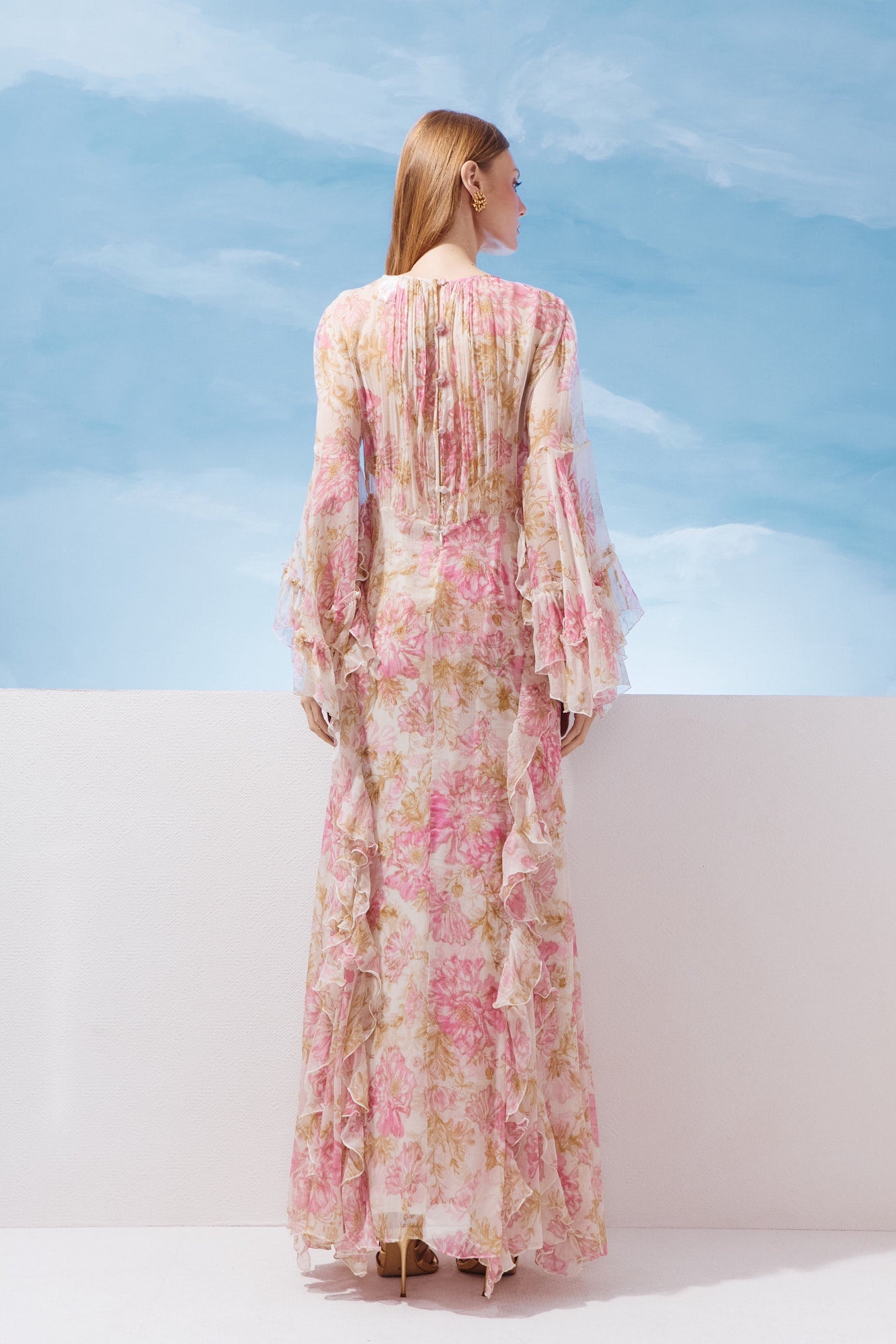 VESTIDO LONGO MANGA SINO BABADO COLEÇÃO VERÃO 27