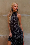 VESTIDO MIDI BARRA ASSIMETRICA COM GOLA MEDIA POA COLEÇÃO VERÃO 27