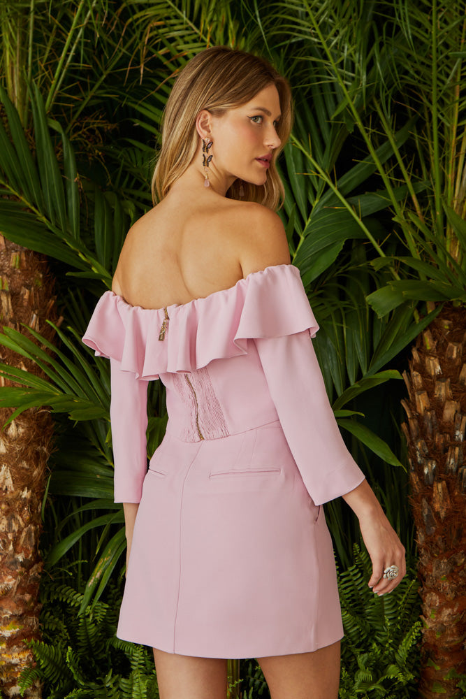 CONJUNTO DE BLUSA OMBRO A OMBRO BABADO E SAIA BASIC PESPONTO COLEÇÃO VERÃO 24