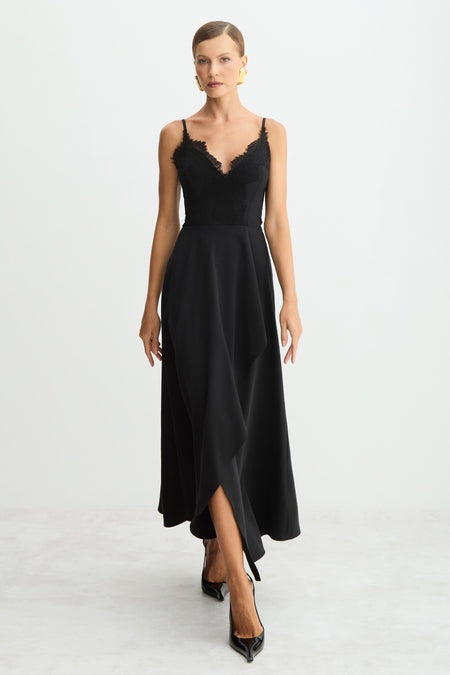VESTIDO MIDI RENDA BUSTO COM SOBREPOSICAO SAIA COLEÇÃO INVERNO 26