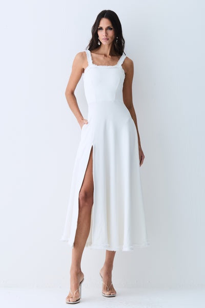 VESTIDO MIDI COM DETALHE AVIAMENTO BARRA E DECOTE COLEÇÃO VERÃO 27