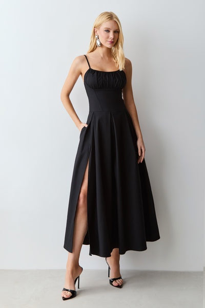 VESTIDO MIDI ACINTURADO COM FRAZIDOS BUSTO E PREGAS COLEÇÃO VERÃO 27