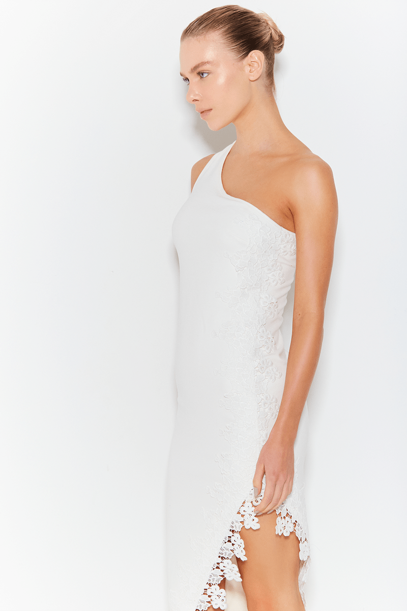 VESTIDO MIDI UM OMBRO SÓ COM RENDA COLEÇÃO VERÃO 24