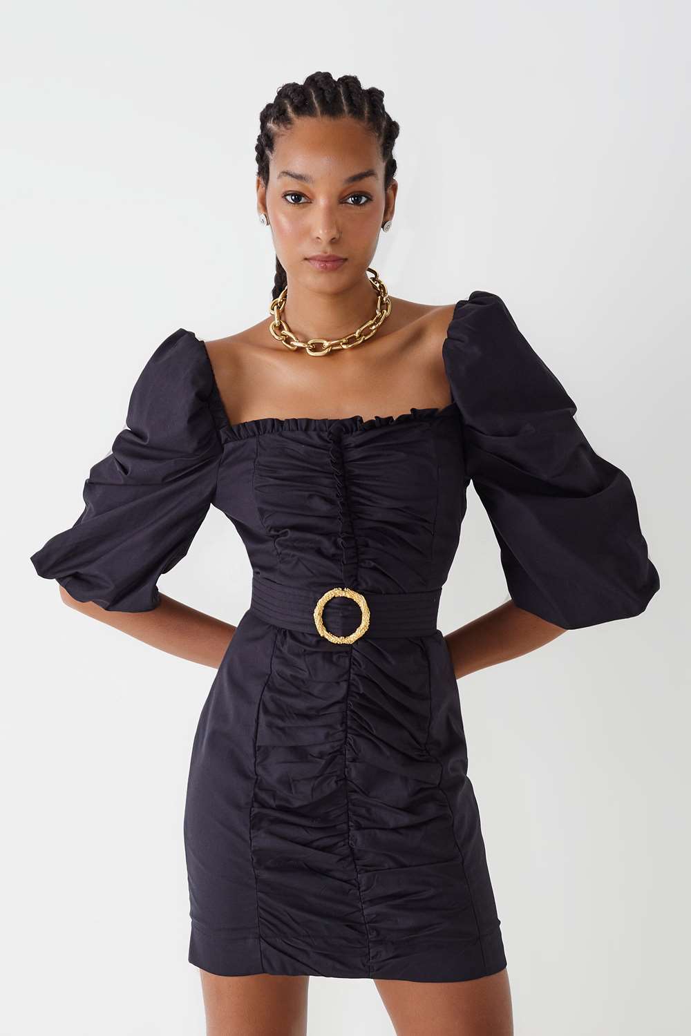 VESTIDO CURTO DRAPEADO MANGA BUFANTE COLEÇÃO INVERNO 21