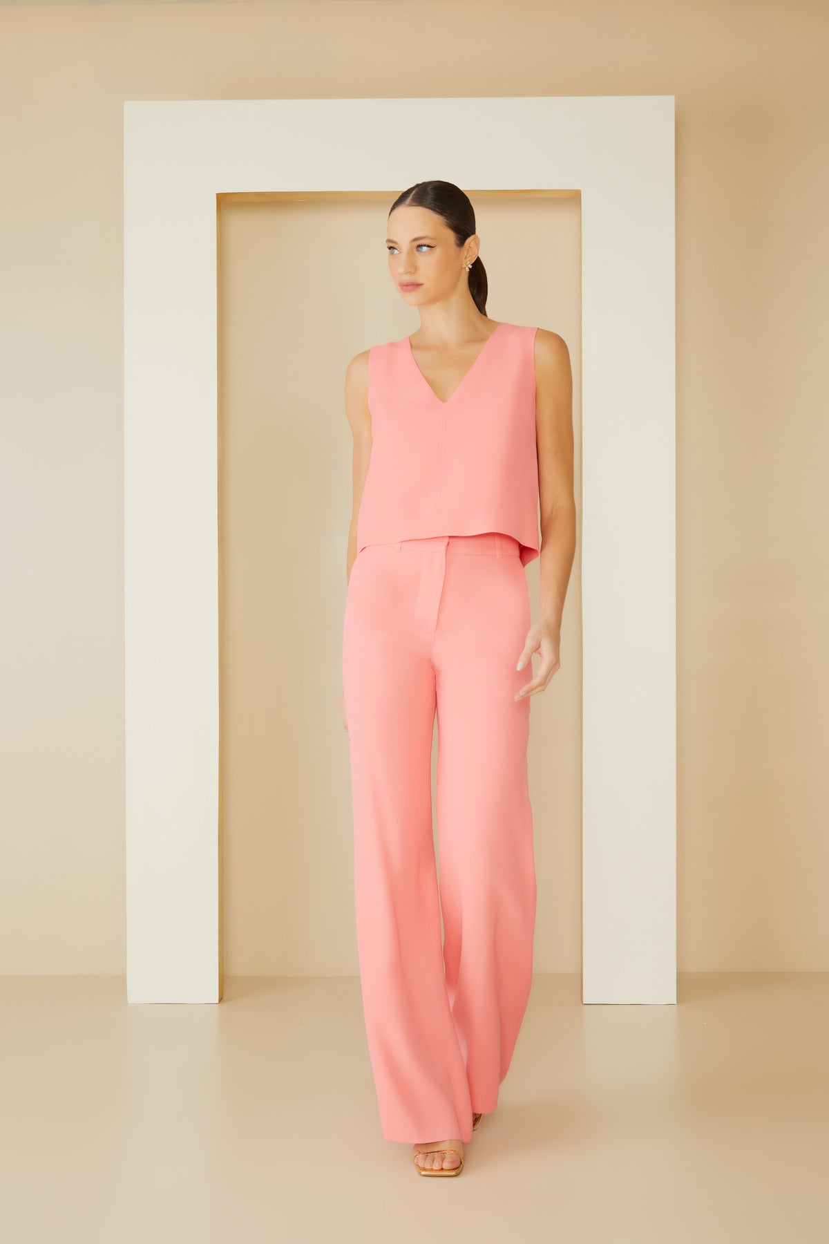 CONJUNTO DE BLUSA QUADRADO GOLA V E CALÇA ALFAIATARIA CINTURA ALTA COLEÇÃO ALTO VERÃO 23